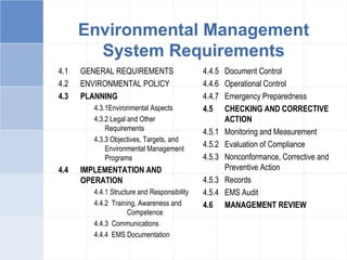 Environmental Management
System Requirements
4.1 GENERAL REQUIREMENTS
4.2 ENVIRONMENTAL POLICY
4.3 PLANNING
4.3.1Environmental Aspects
4.3.2 Legal and Other
Requirements
4.3.3 Objectives, Targets, and
Environmental Management
Programs
4.4 IMPLEMENTATION AND
OPERATION
4.4.1 Structure and Responsibility
4.4.2 Training, Awareness and
Competence
4.4.3 Communications
4.4.4 EMS Documentation
4.4.5 Document Control
4.4.6 Operational Control
4.4.7 Emergency Preparedness
4.5 CHECKING AND CORRECTIVE
ACTION
4.5.1 Monitoring and Measurement
4.5.2 Evaluation of Compliance
4.5.3 Nonconformance, Corrective and
Preventive Action
4.5.3 Records
4.5.4 EMS Audit
4.6 MANAGEMENT REVIEW
 
