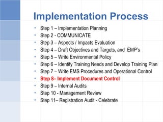 Implementation Process
• Step 1 – Implementation Planning
• Step 2 - COMMUNICATE
• Step 3 – Aspects / Impacts Evaluation
• Step 4 – Draft Objectives and Targets, and EMP’s
• Step 5 – Write Environmental Policy
• Step 6 – Identify Training Needs and Develop Training Plan
• Step 7 – Write EMS Procedures and Operational Control
• Step 8– Implement Document Control
• Step 9 – Internal Audits
• Step 10 - Management Review
• Step 11– Registration Audit - Celebrate
 
