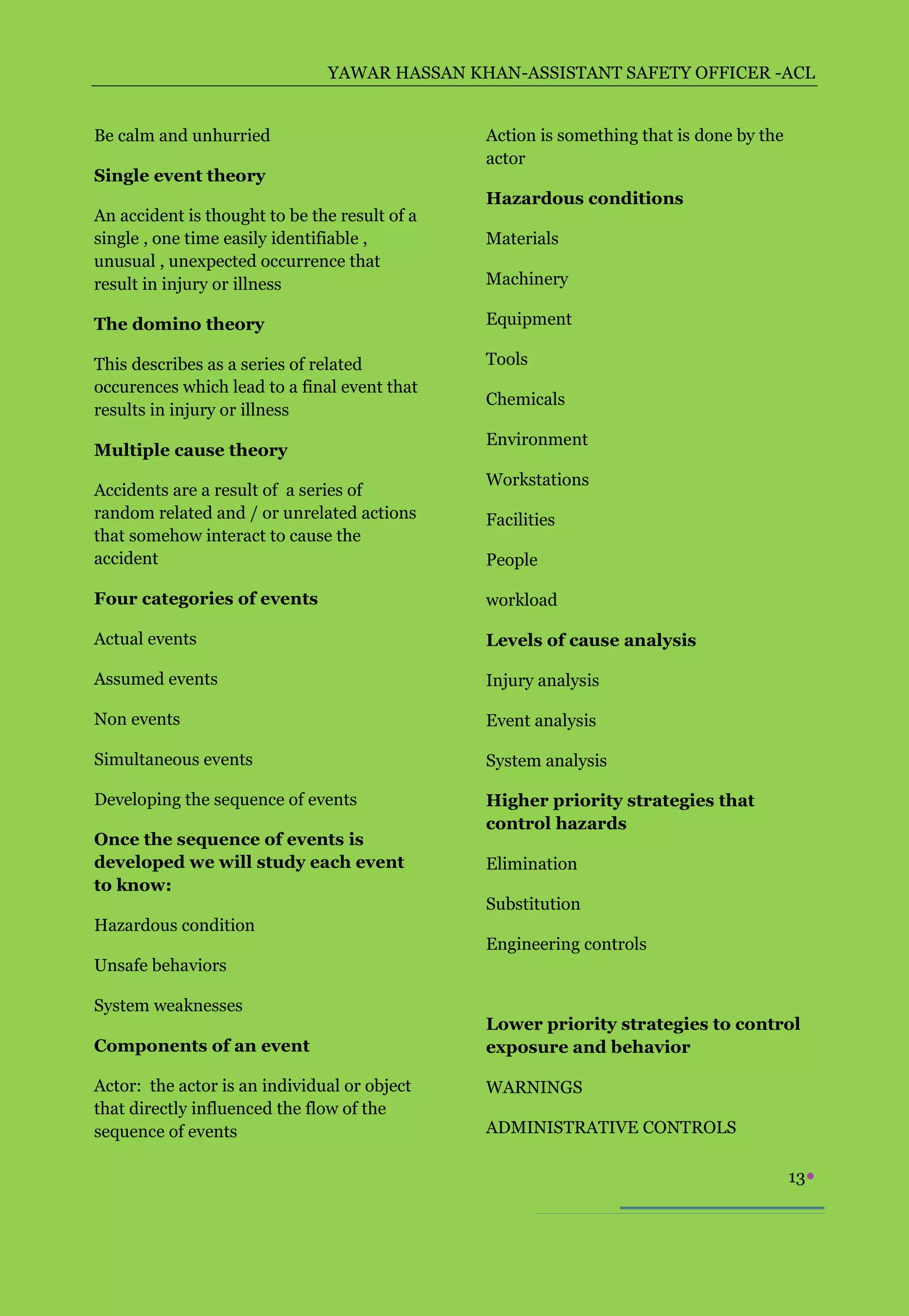 YAWAR HASSAN KHAN-ASSISTANT SAFETY OFFICER -ACL


Be calm and unhurried                          Action is something that is done by the
                                               actor
Single event theory
                                               Hazardous conditions
An accident is thought to be the result of a
single , one time easily identifiable ,        Materials
unusual , unexpected occurrence that
result in injury or illness                    Machinery

The domino theory                              Equipment

This describes as a series of related          Tools
occurences which lead to a final event that
                                               Chemicals
results in injury or illness
                                               Environment
Multiple cause theory
                                               Workstations
Accidents are a result of a series of
random related and / or unrelated actions      Facilities
that somehow interact to cause the
accident                                       People

Four categories of events                      workload

Actual events                                  Levels of cause analysis

Assumed events                                 Injury analysis

Non events                                     Event analysis

Simultaneous events                            System analysis

Developing the sequence of events              Higher priority strategies that
                                               control hazards
Once the sequence of events is
developed we will study each event             Elimination
to know:
                                               Substitution
Hazardous condition
                                               Engineering controls
Unsafe behaviors

System weaknesses
                                               Lower priority strategies to control
Components of an event                         exposure and behavior

Actor: the actor is an individual or object    WARNINGS
that directly influenced the flow of the
sequence of events                             ADMINISTRATIVE CONTROLS

                                                                                         13
 