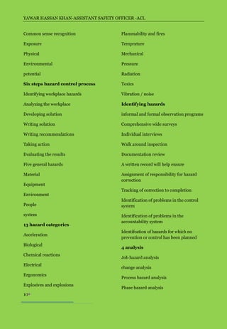 YAWAR HASSAN KHAN-ASSISTANT SAFETY OFFICER -ACL


Common sense recognition             Flammability and fires

Exposure                             Temprature

Physical                             Mechanical

Environmental                        Pressure

potential                            Radiation

Six steps hazard control process     Toxics

Identifying workplace hazards        Vibration / noise

Analyzing the workplace              Identifying hazards

Developing solution                  informal and formal observation programs

Writing solution                     Comprehensive wide surveys

Writing recommendations              Individual interviews

Taking action                        Walk around inspection

Evaluating the results               Documentation review

Five general hazards                 A written record will help ensure

Material                             Assignment of responsibility for hazard
                                     correction
Equipment
                                     Tracking of correction to completion
Environment
                                     Identification of problems in the control
People                               system

system                               Identification of problems in the
                                     accountability system
13 hazard categories
                                     Identifcation of hazards for which no
Acceleration
                                     prevention or control has been planned
Biological
                                     4 analysis
Chemical reactions
                                     Job hazard analysis
Electrical
                                     change analysis
Ergonomics
                                     Process hazard analysis
Explosives and explosions
                                     Phase hazard analysis
10
 