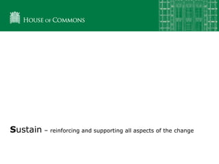 Sustain – reinforcing and supporting all aspects of the change
 