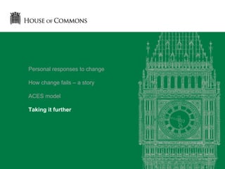 Personal responses to change
How change fails – a story
ACES model
Taking it further
 