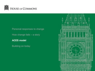 Personal responses to change
How change fails – a story
ACES model
Building on today
 