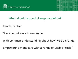 What should a good change model do?
People-centred
Scalable but easy to remember
With common understanding about how we do change
Empowering managers with a range of usable “tools”
 