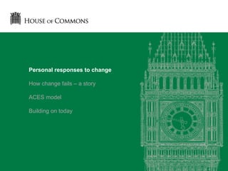 Personal responses to change
How change fails – a story
ACES model
Building on today
 