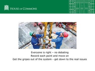 Everyone is right – no debating
Record each point and move on
Get the gripes out of the system - get down to the real issues
 