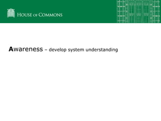 Awareness – develop system understanding
 