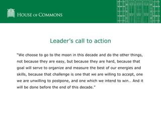 “We choose to go to the moon in this decade and do the other things,
not because they are easy, but because they are hard, because that
goal will serve to organize and measure the best of our energies and
skills, because that challenge is one that we are willing to accept, one
we are unwilling to postpone, and one which we intend to win… And it
will be done before the end of this decade.”
Leader’s call to action
 