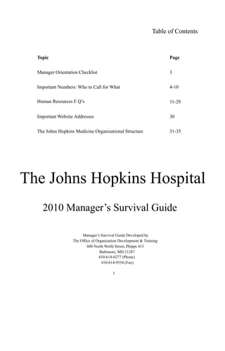 Table of Contents


  Topic                                                                Page


  Manager Orientation Checklist                                        3


  Important Numbers: Who to Call for What                              4-10

  Human Resources F Q’s                                                11-29


  Important Website Addresses                                          30


  The Johns Hopkins Medicine Organizational Structure                  31-35




The Johns Hopkins Hospital
    2010 Manager’s Survival Guide

                        Manager’s Survival Guide Developed by
                   The Office of Organization Development & Training
                           600 North Wolfe Street, Phipps 413
                                   Baltimore, MD 21287
                                  410-614-0277 (Phone)
                                    410-614-9554 (Fax)

                                          2
 