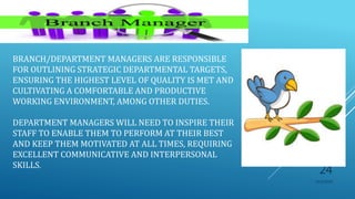 
BRANCH/DEPARTMENT MANAGERS ARE RESPONSIBLE
FOR OUTLINING STRATEGIC DEPARTMENTAL TARGETS,
ENSURING THE HIGHEST LEVEL OF QUALITY IS MET AND
CULTIVATING A COMFORTABLE AND PRODUCTIVE
WORKING ENVIRONMENT, AMONG OTHER DUTIES.
DEPARTMENT MANAGERS WILL NEED TO INSPIRE THEIR
STAFF TO ENABLE THEM TO PERFORM AT THEIR BEST
AND KEEP THEM MOTIVATED AT ALL TIMES, REQUIRING
EXCELLENT COMMUNICATIVE AND INTERPERSONAL
SKILLS.
10/5/2020
24
 