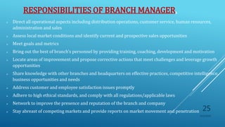 RESPONSIBILITIES OF BRANCH MANAGER.
 Direct all operational aspects including distribution operations, customer service, human resources,
administration and sales
 Assess local market conditions and identify current and prospective sales opportunities
 Meet goals and metrics
 Bring out the best of branch’s personnel by providing training, coaching, development and motivation
 Locate areas of improvement and propose corrective actions that meet challenges and leverage growth
opportunities
 Share knowledge with other branches and headquarters on effective practices, competitive intelligence,
business opportunities and needs
 Address customer and employee satisfaction issues promptly
 Adhere to high ethical standards, and comply with all regulations/applicable laws
 Network to improve the presence and reputation of the branch and company
 Stay abreast of competing markets and provide reports on market movement and penetration
10/5/2020
25
 