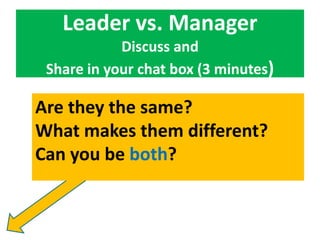 Leader vs. Manager
Discuss and
Share in your chat box (3 minutes)

Are they the same?
What makes them different?
Can you b...