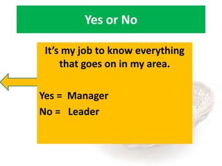 Yes or No
My greatest pleasure in my job
comes from making the work
process more effective.
Yes =
No =

 