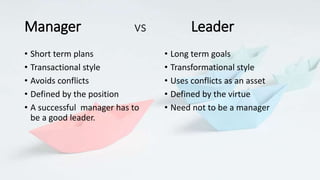 • Short term plans
• Transactional style
• Avoids conflicts
• Defined by the position
• A successful manager has to
be a good leader.
• Long term goals
• Transformational style
• Uses conflicts as an asset
• Defined by the virtue
• Need not to be a manager
Manager vs Leader
 