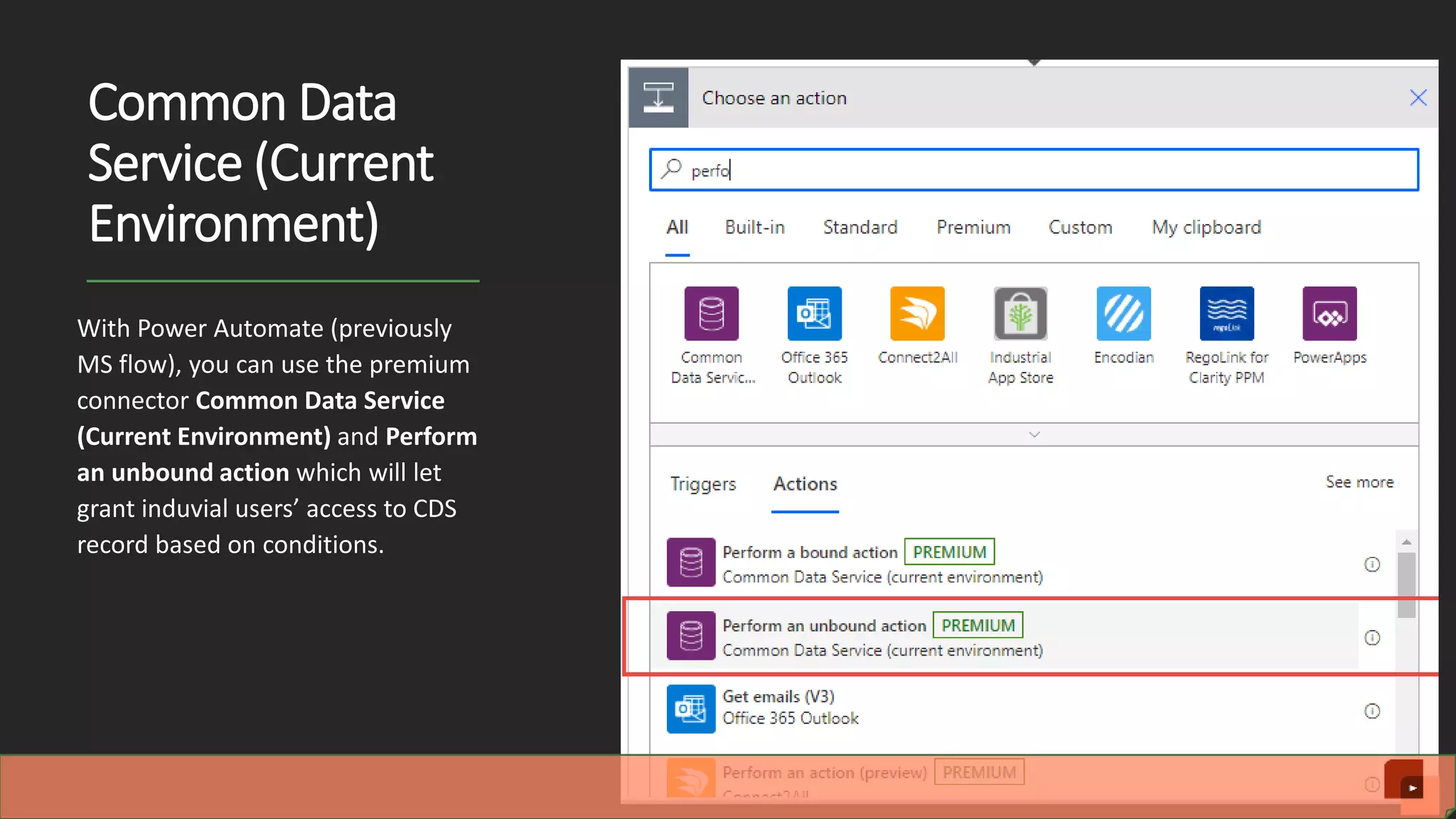 Common Data Service (Current Environment) With Power Automate (previously MS flow), you can use the premium connector Common Data Service (Current Environment) and Perform an unbound action which will let grant induvial users’ access to CDS record based on conditions. 