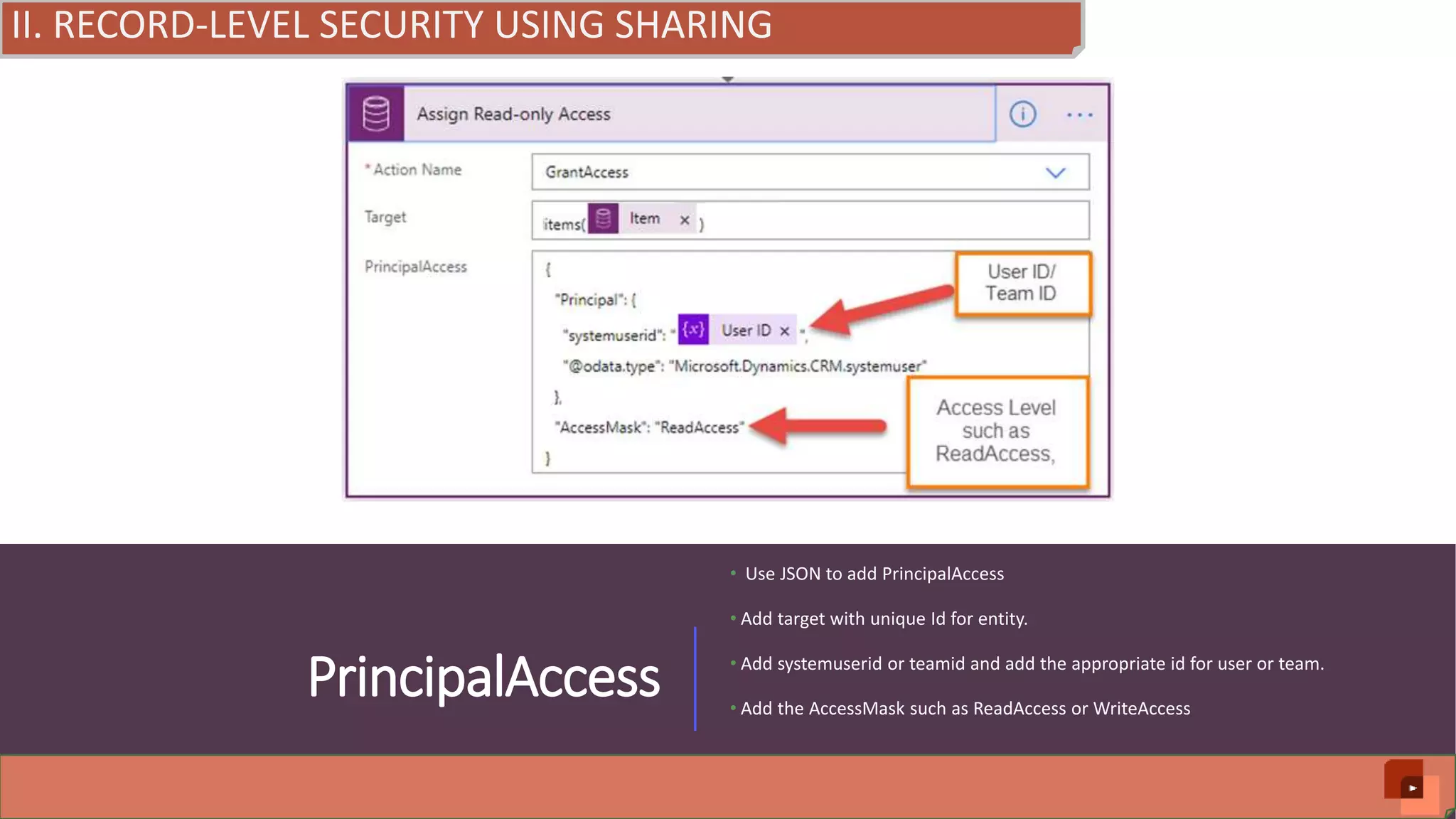 PrincipalAccess • Use JSON to add PrincipalAccess • Add target with unique Id for entity. • Add systemuserid or teamid and add the appropriate id for user or team. • Add the AccessMask such as ReadAccess or WriteAccess II. RECORD-LEVEL SECURITY USING SHARING 