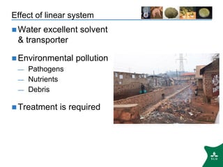 Effect of linear system
 Water excellent solvent
& transporter
 Environmental pollution
— Pathogens
— Nutrients
— Debris...
