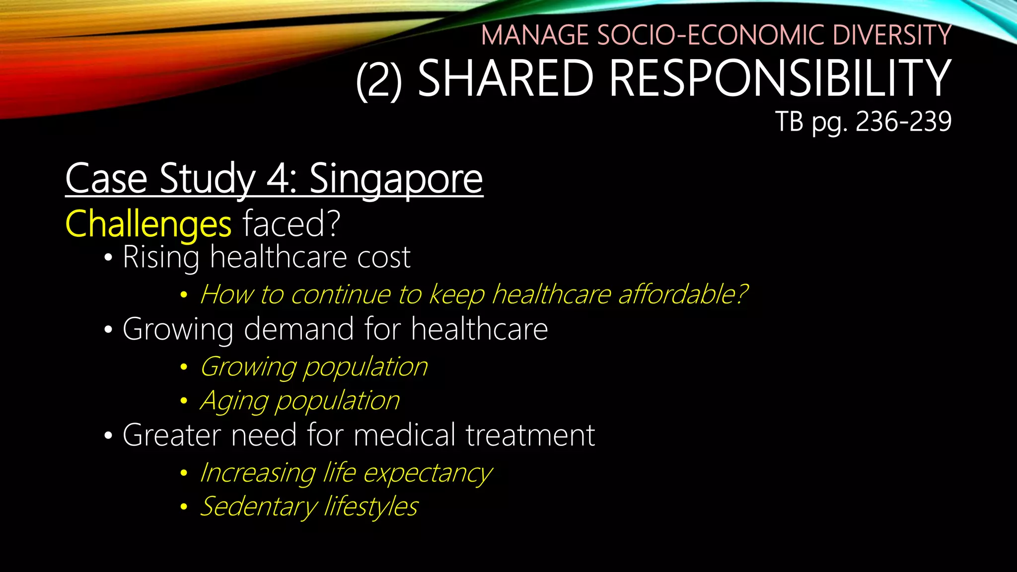Case Study 4: Singapore
Challenges faced?
• Rising healthcare cost
• How to continue to keep healthcare affordable?
• Growing demand for healthcare
• Growing population
• Aging population
• Greater need for medical treatment
• Increasing life expectancy
• Sedentary lifestyles
MANAGE SOCIO-ECONOMIC DIVERSITY
(2) SHARED RESPONSIBILITY
TB pg. 236-239
 
