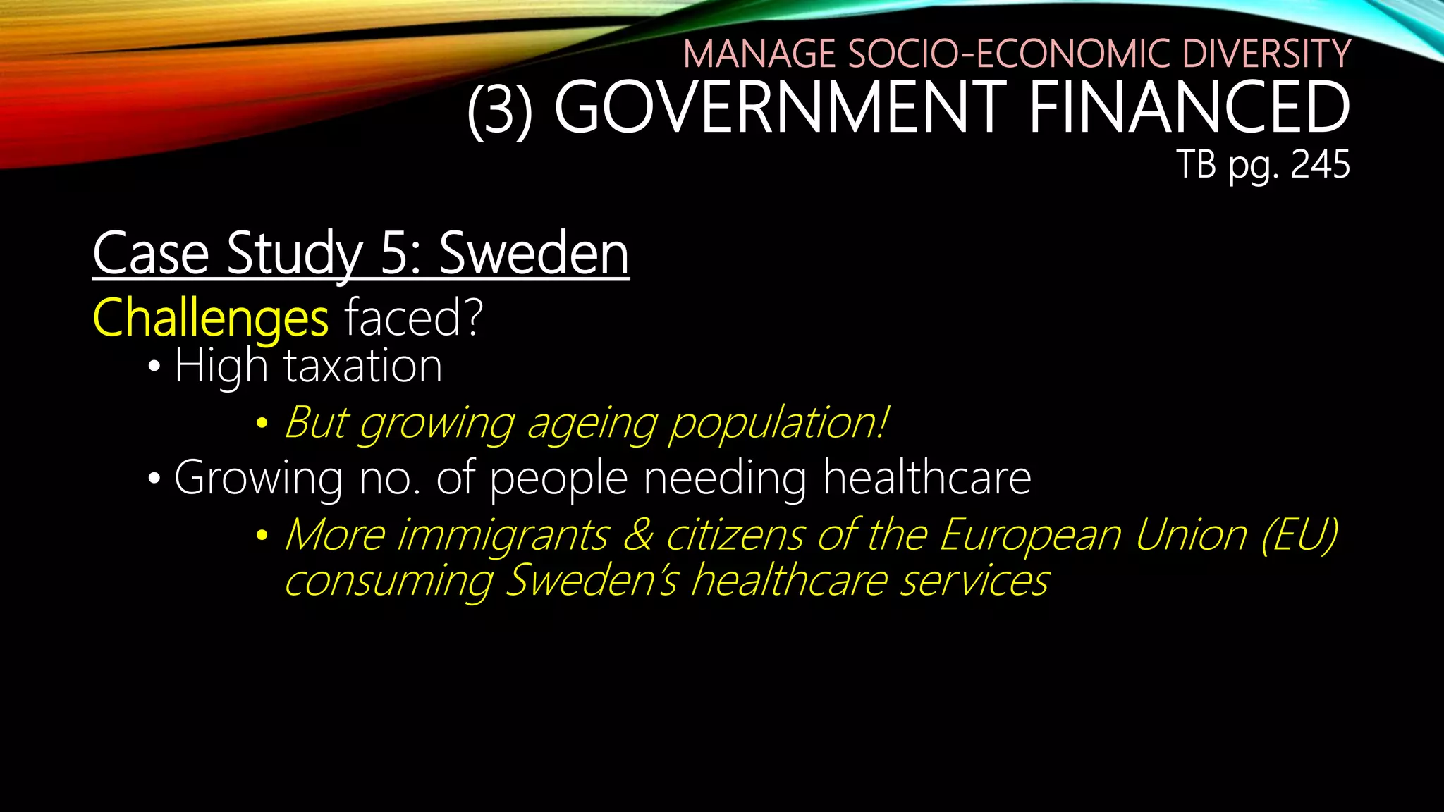 Case Study 5: Sweden
Challenges faced?
• High taxation
• But growing ageing population!
• Growing no. of people needing healthcare
• More immigrants & citizens of the European Union (EU)
consuming Sweden’s healthcare services
MANAGE SOCIO-ECONOMIC DIVERSITY
(3) GOVERNMENT FINANCED
TB pg. 245
 