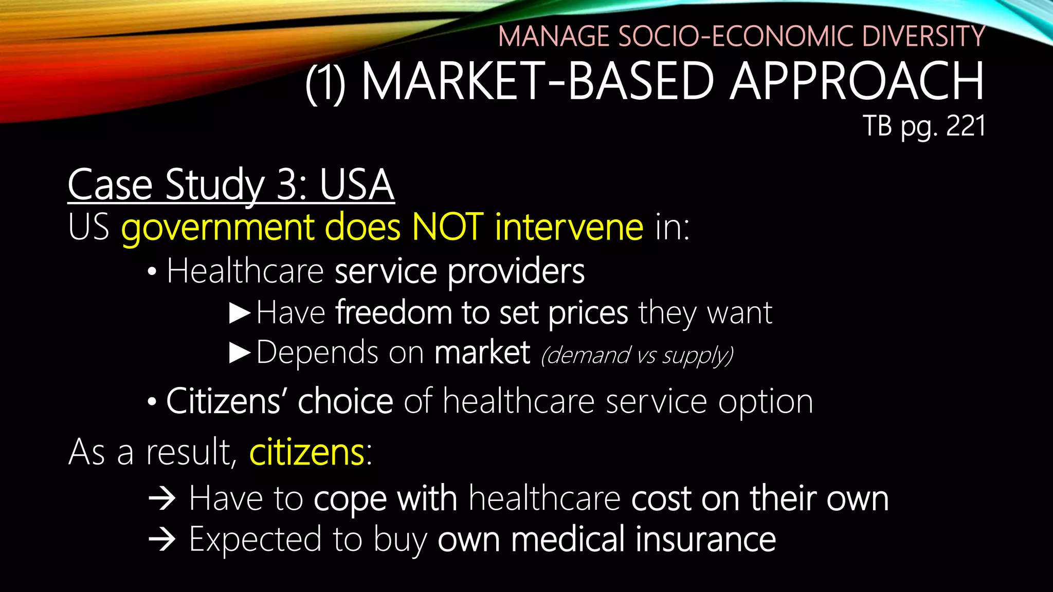 Case Study 3: USA
US government does NOT intervene in:
• Healthcare service providers
►Have freedom to set prices they want
►Depends on market (demand vs supply)
• Citizens’ choice of healthcare service option
As a result, citizens:
 Have to cope with healthcare cost on their own
 Expected to buy own medical insurance
MANAGE SOCIO-ECONOMIC DIVERSITY
(1) MARKET-BASED APPROACH
TB pg. 221
 