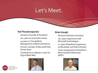 Let’s Meet.
TedTheodoropoulos
• Acrowire Founder & President
• 20+ years as a business owner
• 10 years in IT Audit/Risk
Management at Bank of America
• Former member of Microsoft SQL
Server team
• Certified Scrum Master / Lean Six
Sigma Black Belt
Brian Gough
• Acrowire Solutions Architect
• 20+ years experience with
Microsoft technologies
• 7+ years SharePoint experience
as Developer and Administrator
• Twice recognized as SharePoint
MostValued Professional
(MVP)
 