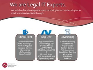 We are Legal IT Experts.
SharePoint
Custom Development
Portal Branding/UX
Platform Migration
Managed Services
Governance
Info Architecture
SharePoint MD
We help law firms leverage the latest technologies and methodologies to
meet business objectives through:
App Dev
App Modernization
Greenfield App Dev
(Desktop/Mobile)
ASP.NET MVC
HTML5/JavaScript/CS
S
Microsoft Azure
SQL Server DB/RS/IS
System Integration
Envisioning
IT Project Planning
Cost Estimate
Project Charter
Solution Concept
Risk Assessment
Capabilities Overview
Wireframes
Style Tiles &
Mockups
 