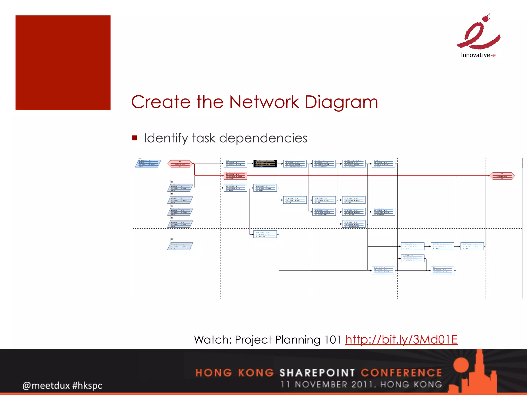 Create the Network Diagram
¡  Identify task dependencies




          Watch: Project Planning 101 http://bit.ly/3Md01E
 