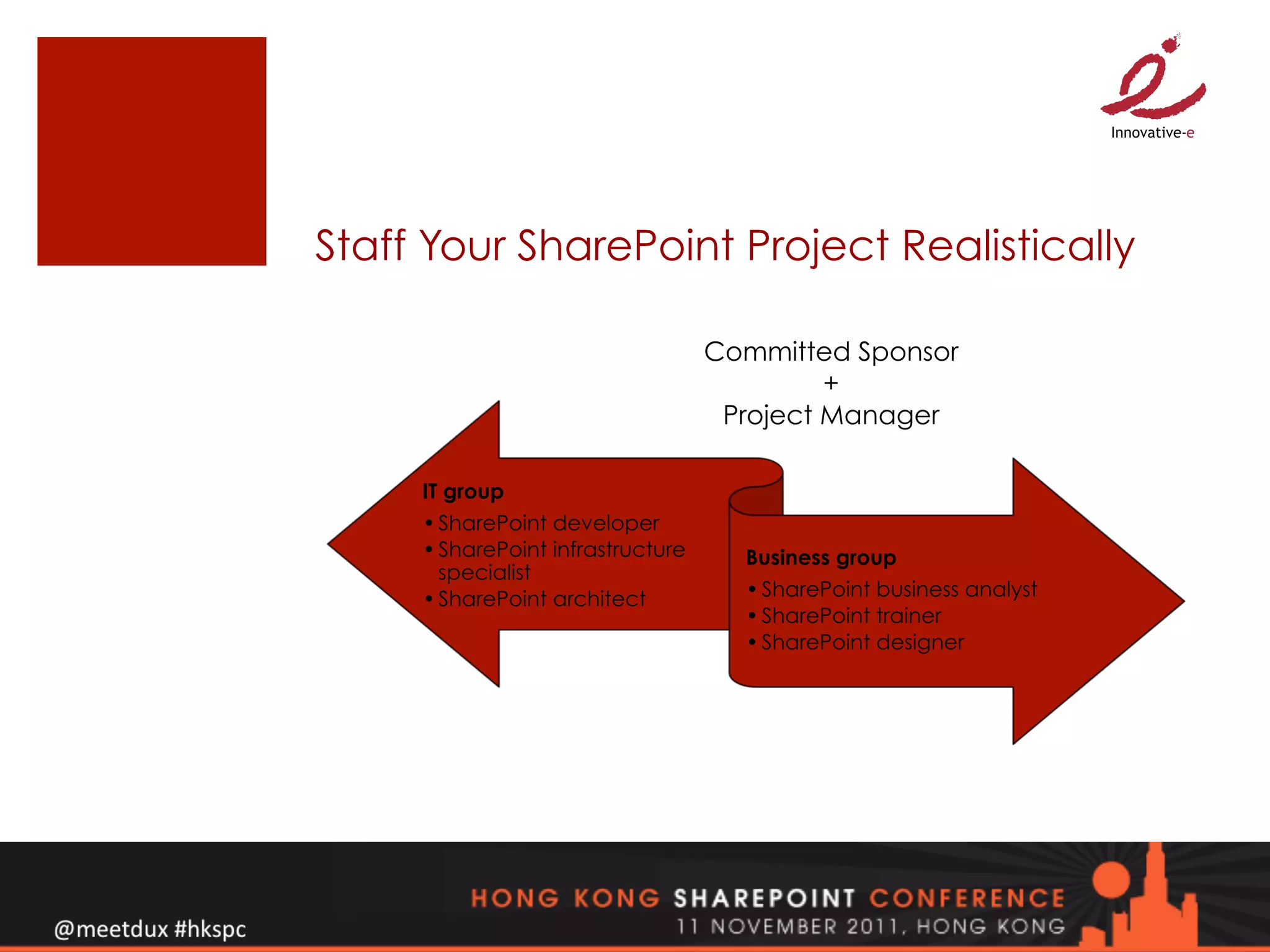 Staff Your SharePoint Project Realistically

                                   Committed Sponsor
                                            +
                                    Project Manager

     IT group
     • SharePoint developer
     • SharePoint infrastructure     Business group
       specialist
     • SharePoint architect          • SharePoint business analyst
                                     • SharePoint trainer
                                     • SharePoint designer
 