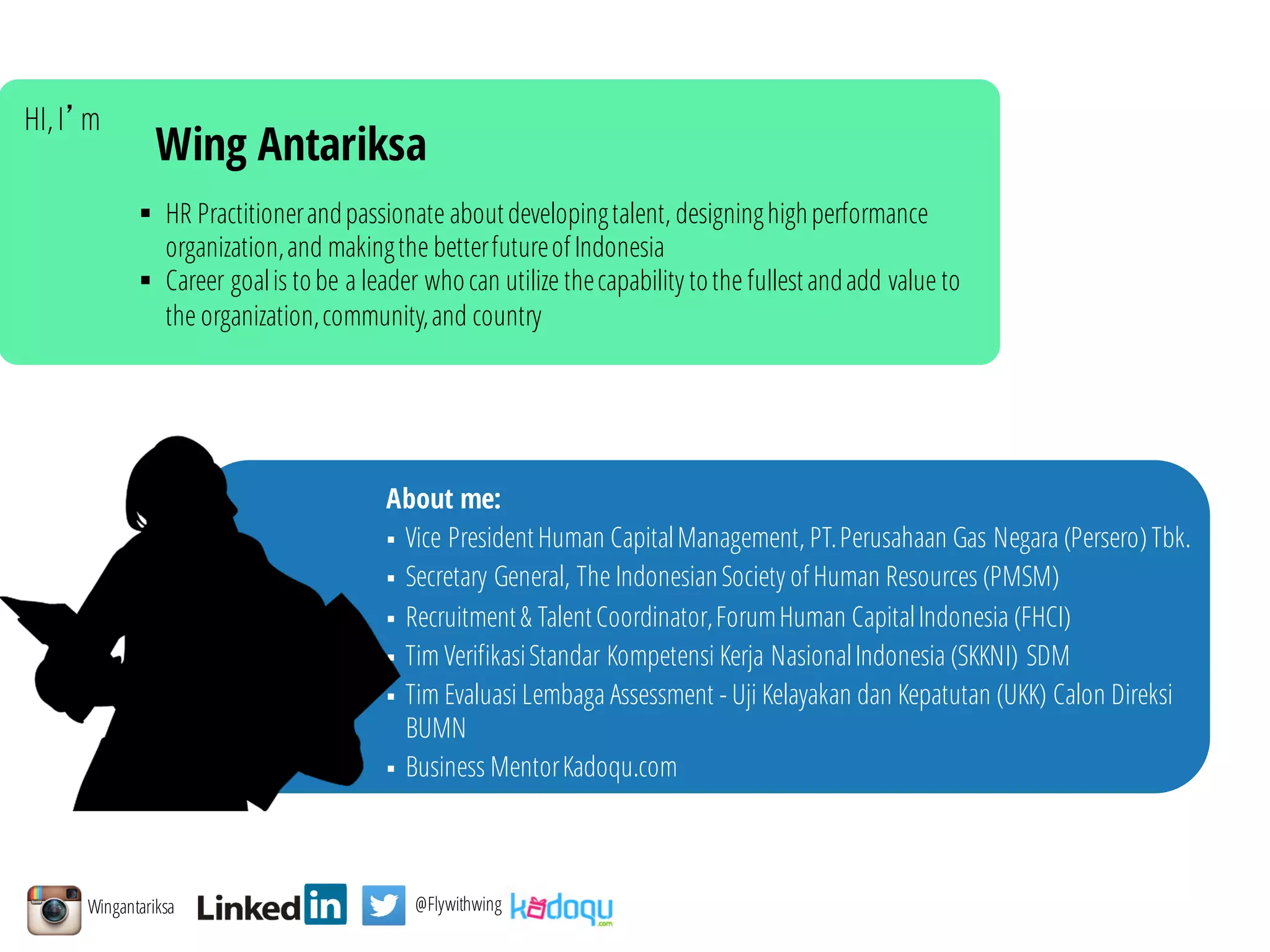 About me:
§ Vice President Human CapitalManagement, PT.Perusahaan Gas Negara (Persero) Tbk.
§ Secretary General, The IndonesianSociety of Human Resources (PMSM)
§ Recruitment & Talent Coordinator,ForumHuman CapitalIndonesia (FHCI)
§ Tim VerifikasiStandar Kompetensi Kerja NasionalIndonesia (SKKNI) SDM
§ Tim Evaluasi Lembaga Assessment - Uji Kelayakan dan Kepatutan (UKK) Calon Direksi
BUMN
§ Business MentorKadoqu.com
Wingantariksa @Flywithwing
Wing Antariksa
§ HR Practitionerandpassionate about developingtalent, designinghighperformance
organization,and makingthe betterfutureof Indonesia
§ Career goalis tobe a leader whocan utilize thecapability tothe fullest andadd value to
the organization,community,and country
HI,I’m
 