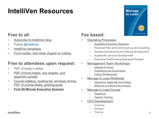 20 
IntelliVen Resources 
Free to all: 
•Subscribe to IntelliVen blog 
•Follow @intelliven 
•IntelliVen templates 
•Front-matter, Get Clear chapter on Inkling 
Free to attendees upon request: 
•PDF of today’s slides 
•PDF of front-matter, one chapter, and appendix sample 
•Course syllabus, reading list, windows of time, PDF of course slides, grading guide 
•First 90-Minute Executive Session 
Fee based: 
•Operating Processes 
–Quarterly Executive Sessions 
–Financial Plan and Control set up and reporting 
–Solution architecture and offering development 
–Systematic account development 
–Executive Performance Appraisal Process 
•Management Team Workshops 
–Initiative-to-Action 
–Contracting and Governance 
–Culture Development 
•Manage to Lead Workbook 
–Interactive, digital title from Inkling 
–Softcover or e-Book from Amazon 
•Manage to Lead Course 
–Classroom 
–Teacher Training 
•CEO Development 
–Coaching 
–Advising 
–Training  