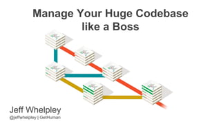 Manage Your Huge Codebase
like a Boss
Jeff Whelpley
@jeffwhelpley | GetHuman
 