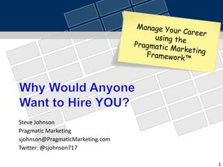 Why Would Anyone Want to Hire YOU?,[object Object],Manage Your Career ,[object Object],using the ,[object Object],Pragmatic Marketing Framework™,[object Object],	Steve JohnsonPragmatic Marketingsjohnson@PragmaticMarketing.comTwitter: @sjohnson717,[object Object],© 1993-2009 Pragmatic Marketing, Inc. www.PragmaticMarketing.com,[object Object]