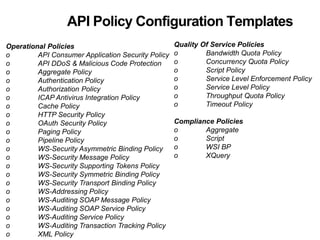 API Policy Configuration Templates 
Operational Policies 
o API Consumer Application Security Policy 
o API DDoS & Malicious Code Protection 
o Aggregate Policy 
o Authentication Policy 
o Authorization Policy 
o ICAP Antivirus Integration Policy 
o Cache Policy 
o HTTP Security Policy 
o OAuth Security Policy 
o Paging Policy 
o Pipeline Policy 
o WS-Security Asymmetric Binding Policy 
o WS-Security Message Policy 
o WS-Security Supporting Tokens Policy 
o WS-Security Symmetric Binding Policy 
o WS-Security Transport Binding Policy 
o WS-Addressing Policy 
o WS-Auditing SOAP Message Policy 
o WS-Auditing SOAP Service Policy 
o WS-Auditing Service Policy 
o WS-Auditing Transaction Tracking Policy 
o XML Policy 
Quality Of Service Policies 
o Bandwidth Quota Policy 
o Concurrency Quota Policy 
o Script Policy 
o Service Level Enforcement Policy 
o Service Level Policy 
o Throughput Quota Policy 
o Timeout Policy 
Compliance Policies 
o Aggregate 
o Script 
o WSI BP 
o XQuery 
 