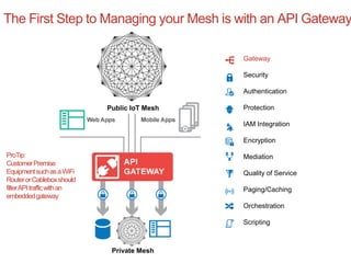The First Step to Managing your Mesh is with an API Gateway 
Gateway 
Security 
Authentication 
Protection 
IAM Integration 
Encryption 
Mediation 
Quality of Service 
Paging/Caching 
Orchestration 
Scripting 
Public IoT Mesh 
Private Mesh 
ProTip: 
Customer Premise 
Equipment such as a WiFi 
Router or Cableboxshould 
filter API traffic with an 
embedded gateway 
 