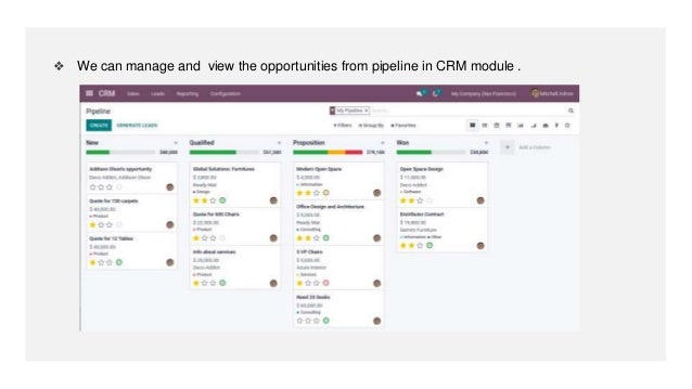 ❖ We can manage and view the opportunities from pipeline in CRM module .
 