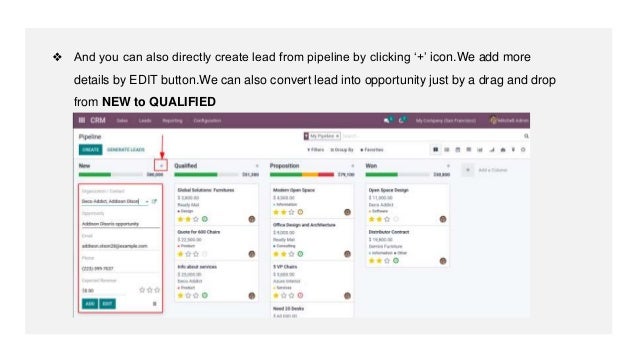 ❖ And you can also directly create lead from pipeline by clicking ‘+’ icon.We add more
details by EDIT button.We can also convert lead into opportunity just by a drag and drop
from NEW to QUALIFIED
 