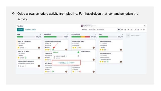 ❖ Odoo allows schedule activity from pipeline. For that click on that icon and schedule the
activity.
 