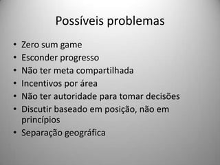 Possíveis problemas
• Zero sum game
• Esconder progresso
• Não ter meta compartilhada
• Incentivos por área
• Não ter autoridade para tomar decisões
• Discutir baseado em posição, não em
  princípios
• Separação geográfica
 