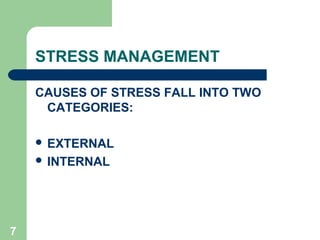 STRESS MANAGEMENT

    CAUSES OF STRESS FALL INTO TWO
     CATEGORIES:

     EXTERNAL
     INTERNAL




7
 