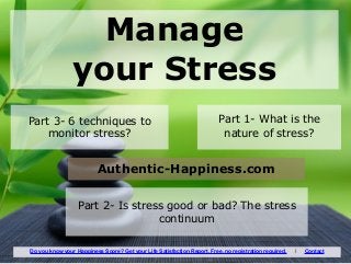 Manage
your Stress
Part 1- What is the
nature of stress?
Part 2- Is stress good or bad? The stress
continuum
Part 3- 6 techniques to
monitor stress?
Authentic-Happiness.com
Do you know your Happiness Score? Get your Life Satisfaction Report. Free, no registration required. I Contact
 