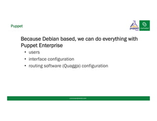 § Because Debian based, we can do everything with
Puppet Enterprise
•  users
•  interface configuration
•  routing software (Quagga) configuration
Puppet
cumulusnetworks.com
 