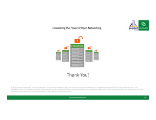 © 2015 Cumulus Networks. Cumulus Networks, the Cumulus Networks Logo, and Cumulus Linux are trademarks or registered trademarks of Cumulus Networks, Inc. or its
affiliates in the U.S. and other countries. Other names may be trademarks of their respective owners. The registered trademark Linux® is used pursuant to a sublicense from LMI,
the exclusive licensee of Linus Torvalds, owner of the mark on a world-wide basis.
§ Thank You!
cumulusnetworks.com 42
Unleashing the Power of Open Networking
 