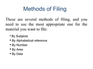 Methods of Filing
These are several methods of filing, and you
need to use the most appropriate one for the
material you w...