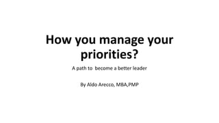 How you manage your
priorities?
A path to become a better leader
By Aldo Arecco, MBA,PMP
 