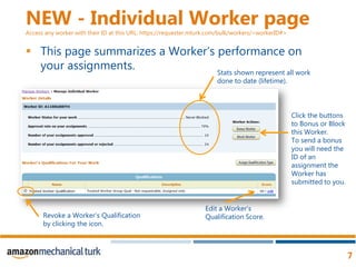 NEW - Individual Worker pageAccess any worker with their ID at this URL: https://requester.mturk.com/bulk/workers/<workerID#> This page summarizes a Worker’s performance on your assignments. Stats shown represent all work done to date (lifetime). Click the buttons to Bonus or Block this Worker. To send a bonus you will need the ID of an assignment the Worker has submitted to you.Edit a Worker’s Qualification Score. Revoke a Worker’s Qualification by clicking the icon.