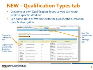 NEW - Qualification Types tabCreate your own Qualification Types so you can route work to specific Workers. See name, ID, # of Workers with the Qualification, creation date & description New Tab! Found under the “Manage” tab. Dispose by clicking the icon.Disposing will permanently delete the Qualification.  