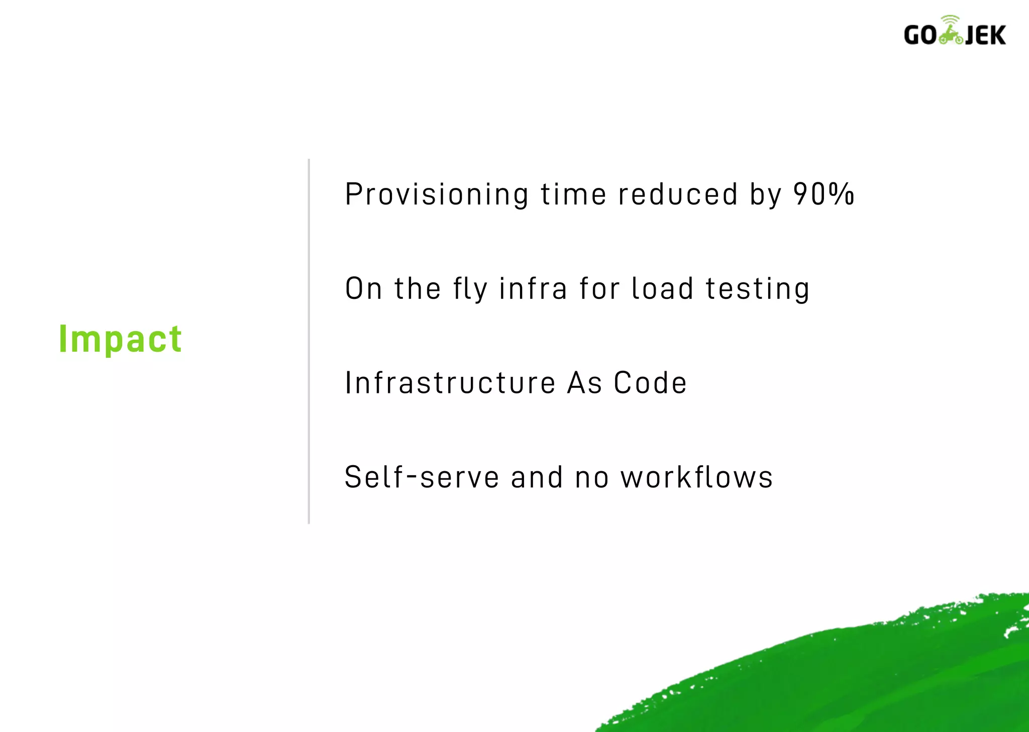 Impact
Provisioning time reduced by 90%
On the ﬂy infra for load testing
Infrastructure As Code
Self-serve and no workﬂows
 