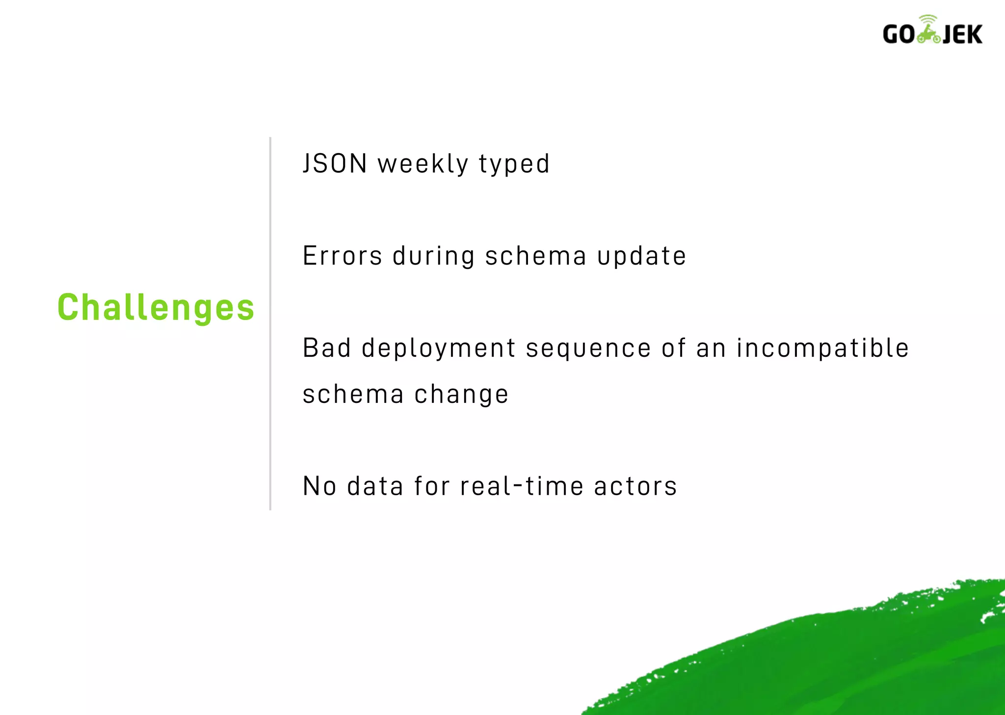 Challenges
JSON weekly typed
Errors during schema update
Bad deployment sequence of an incompatible
schema change
No data for real-time actors
 