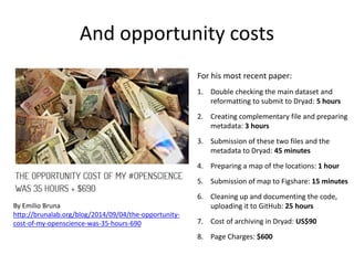 And opportunity costs 
By Emilio Bruna 
http://brunalab.org/blog/2014/09/04/the-opportunity-cost- 
of-my-openscience-was-35-hours-690 
For his most recent paper: 
1. Double checking the main dataset and 
reformatting to submit to Dryad: 5 hours 
2. Creating complementary file and preparing 
metadata: 3 hours 
3. Submission of these two files and the 
metadata to Dryad: 45 minutes 
4. Preparing a map of the locations: 1 hour 
5. Submission of map to Figshare: 15 minutes 
6. Cleaning up and documenting the code, 
uploading it to GitHub: 25 hours 
7. Cost of archiving in Dryad: US$90 
8. Page Charges: $600 
 