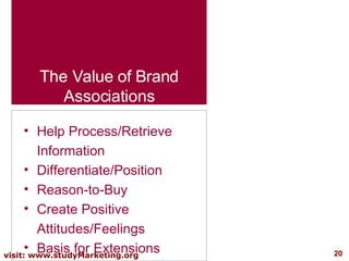 The Value of Brand Associations <ul><li>Help Process/Retrieve Information </li></ul><ul><li>Differentiate/Position </li></...
